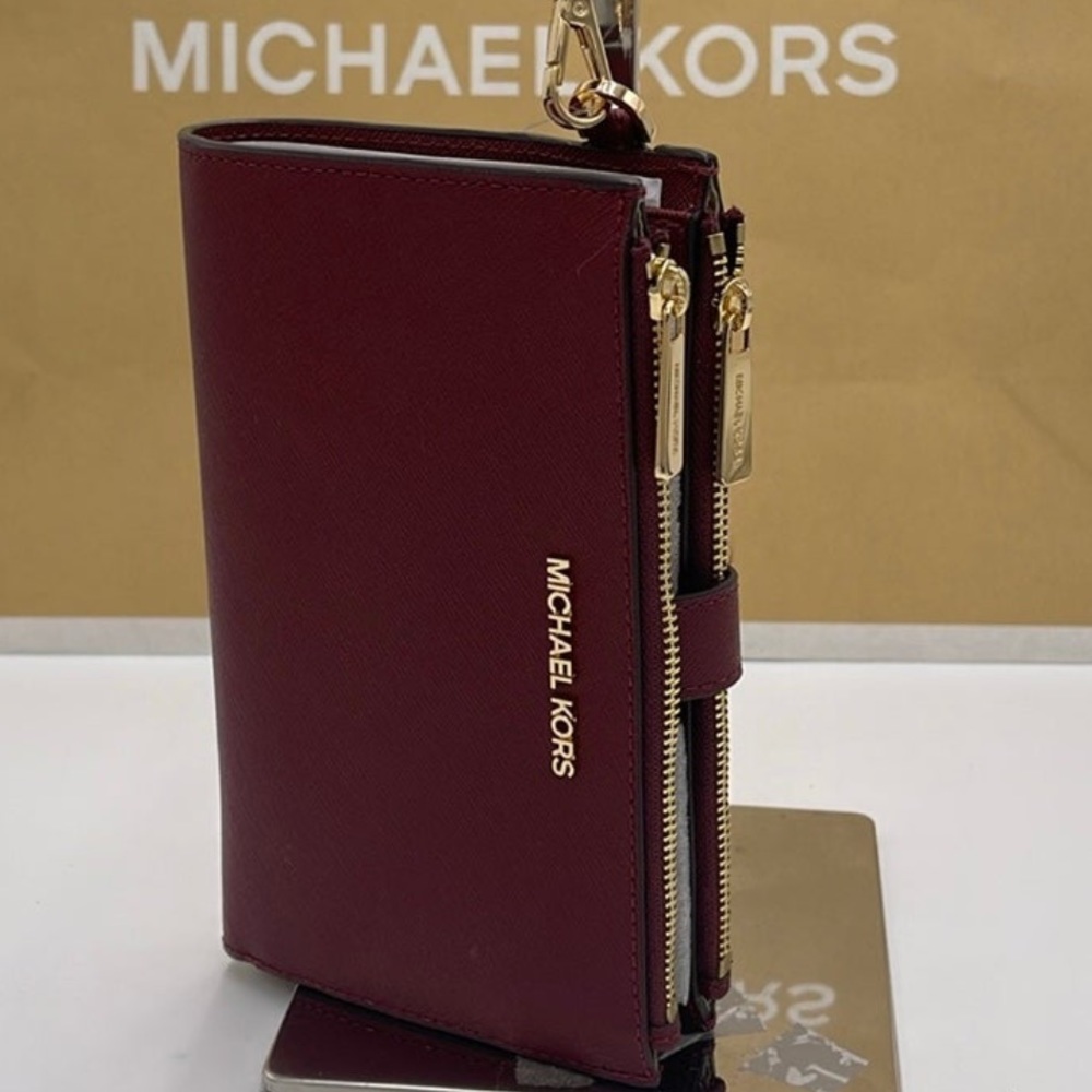 MICHAEL KORS Jet Set Travel LG Double Zip Wristlet Wallet Leather Dark Cherry - Picture 8 of 16